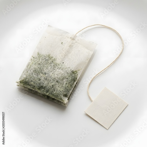 Unused Green Tea Bag with String and Tag on White Background, Ready for Brewing a Refreshing Hot Beverage