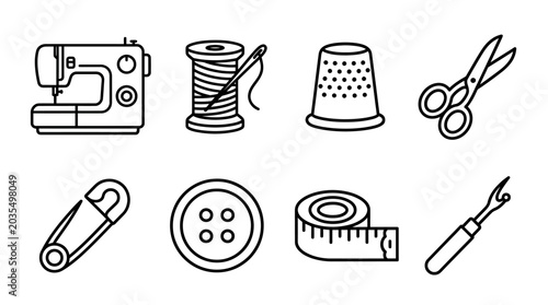 Foto Sewing tools and equipment icons set.