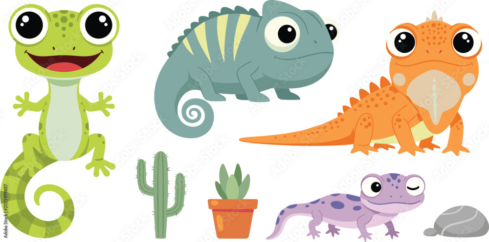 Fototapeta Cute reptile cartoon vector illustration set featuring frog chameleon gecko and iguana with desert cactus elements