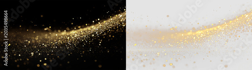 Golden sparkles swirl in a wave pattern isolated on transparent and black background, capturing the essence of celebration and joy in any setting, light overlay, PNG