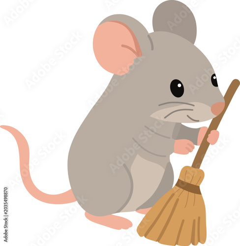 Adorable gray mouse holding a broom in simple flat vector style, perfect for kids designs, cleaning concepts, nursery decor, educational materials, stickers, or playful branding.