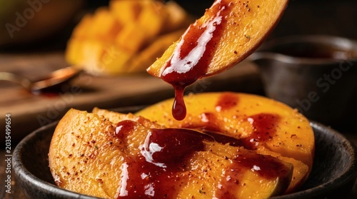 Fresh Mango Slices Drizzled with Spicy Chamoy Sauce in a Dark Rustic Setting perfect for National Chamoy Day