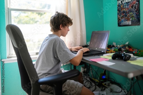 The boy concentrates on laptop at bedroom desk surrounded by toys and gaming gear