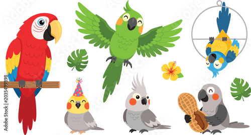 Foto Cute parrot and cockatiel cartoon vector illustration set featuring colorful tro