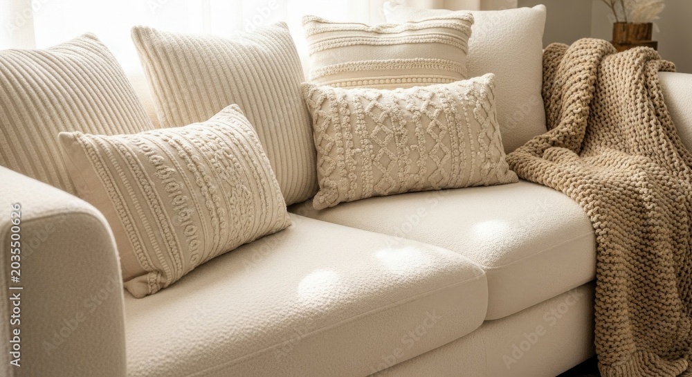 Naklejka premium Luxurious Creamy Ivory Chenille Sofa with Textured Cushions for Ultimate Comfort in a Modern Living Room Setting