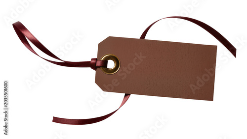 Photos Brown paper tag with burgundy ribbon and brass grommet