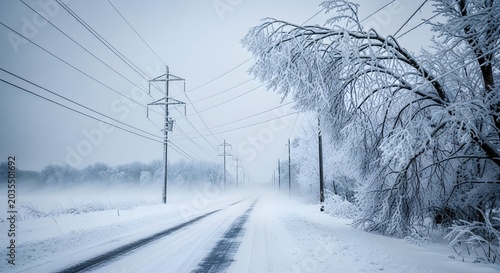 Snowcovered road and power lines during a winter storm