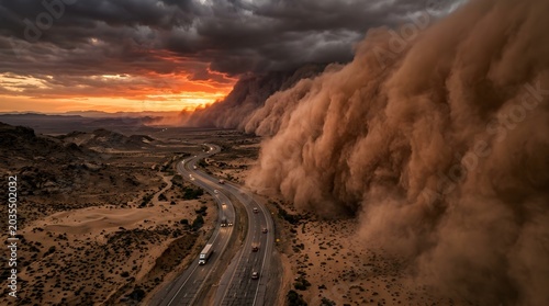Dramatic haboob dust storm approaching a desert highway at sunset