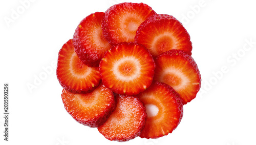 Принти на полотні Fresh strawberry slices pile, vibrant red fruit texture