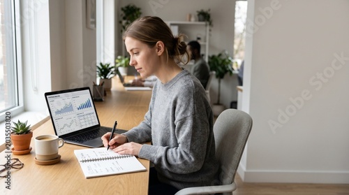 Focused young professional working efficiently on a laptop, analyzing financial data and charts, while meticulously taking notes in a contemporary workspace