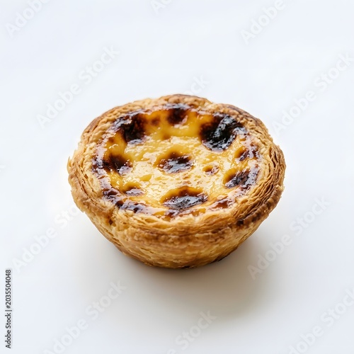 Golden-brown Portuguese egg tart with flaky pastry and creamy custard, baked dessert on white