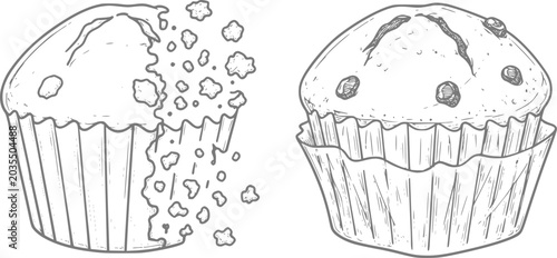 Quadro su tela Two muffins, one whole and one crumbling into pieces, line