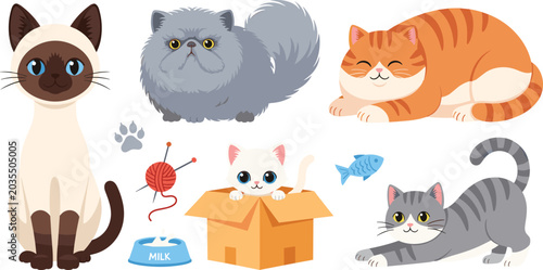 Fotografie Cute cat cartoon vector illustration set featuring Siamese Persian ginger and ta