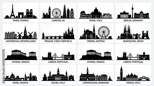 European Cities Skyline Vector Set with Famous Landmark Silhouettes in Minimal Black Flat Design Collection