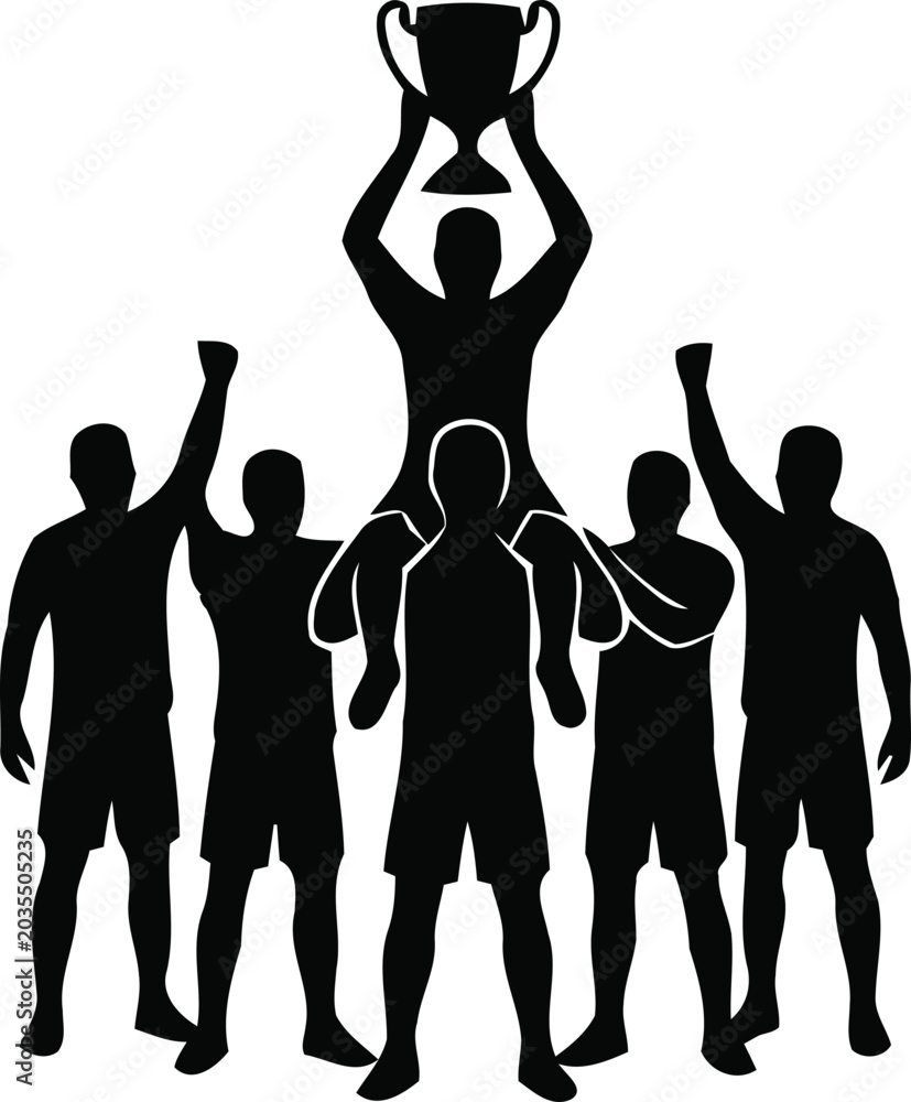 Fototapeta premium Soccer Player Riding Shoulders Holding Trophy High Silhouette