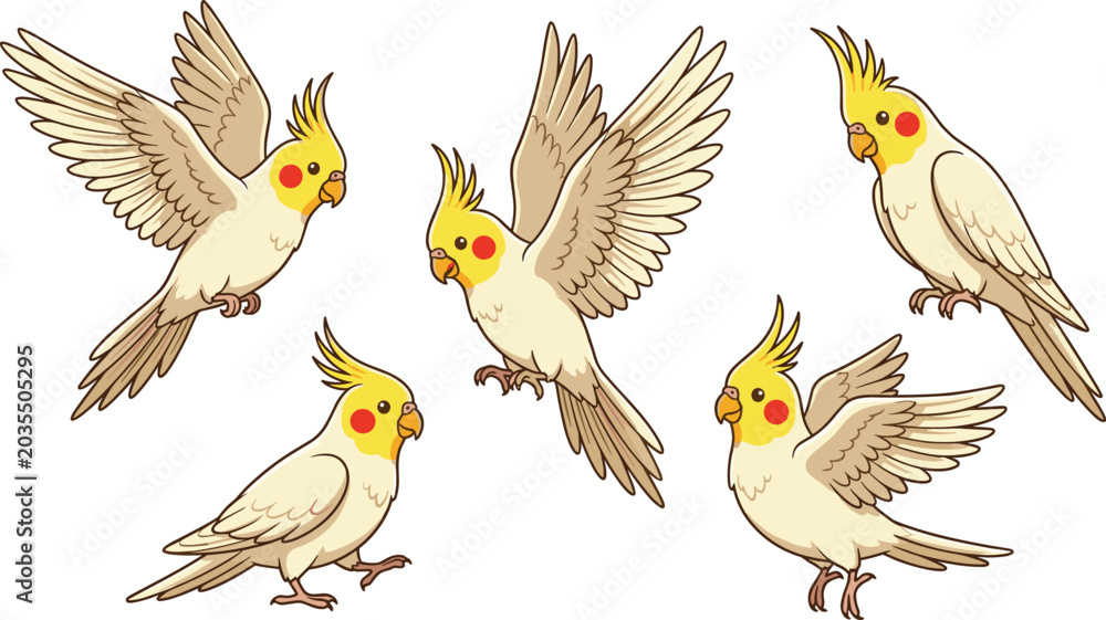 Obraz premium Cute cockatiel cartoon vector illustration set featuring adorable parrot bird poses flying and perched isolated pet collection