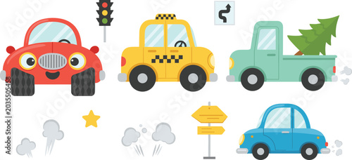 Cute cartoon vehicle vector illustration set featuring smiling cars taxi truck and city transportation collection