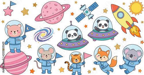 Schilderij op canvas Cute Space Animals Vector Clipart Set with Bear Panda Fox Rocket Ship UFO Planet