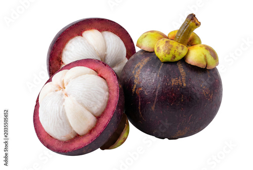 Fresh Whole and Halved Mangosteen Fruit Showing Juicy White Segments