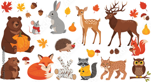 фотографія Cute autumn woodland animal cartoon vector illustration set featuring bear fox d