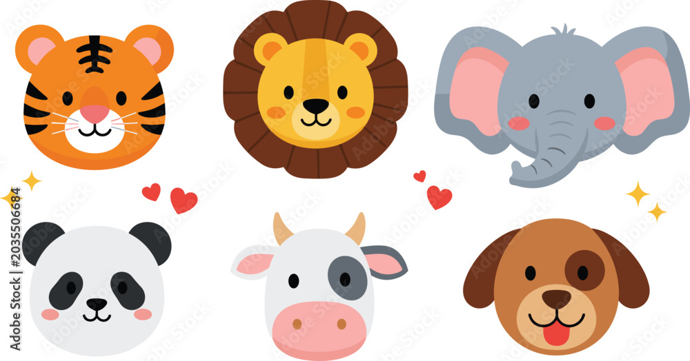 Fototapeta premium Cute animal face cartoon vector illustration set featuring tiger lion elephant panda cow and dog emoji characters
