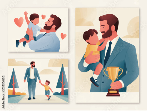 Successful businessman father holding son with trophy, loving dad and child bonding set, fathers day concept