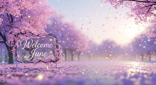 Welcome June greeting with blooming cherry blossoms in soft pink.