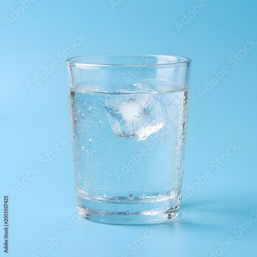 Clear refreshing glass of pure water with ice cubes on a light blue background