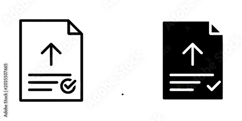 Successful document upload icon with up arrow and checkmark document finished