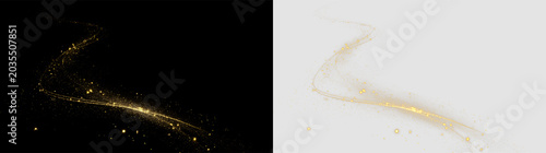 Gold sparkles and glowing trail isolated on transparent and black background, showing movement and brightness for creative projects or designs, light overlay, PNG