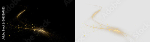 Swirling golden dust trail isolated on transparent and black background, for use in various design projects, light overlay, PNG