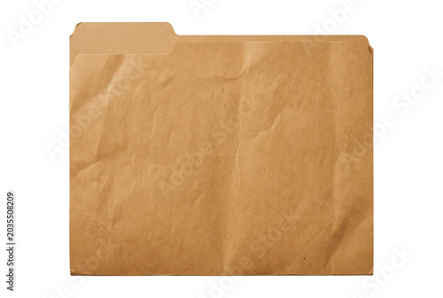 Crumpled vintage brown manila file folder paper organizer jacket. Isolated on transparent background, png