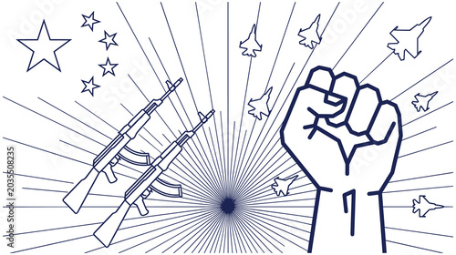 Foto Military illustration showing a fist and weapons with patriotic symbols