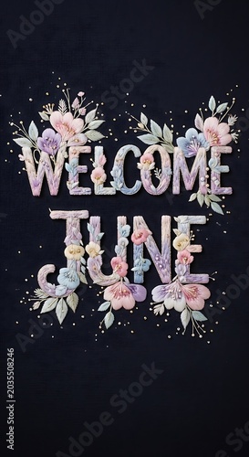 Welcome tune with musical notes and flowers on black background.