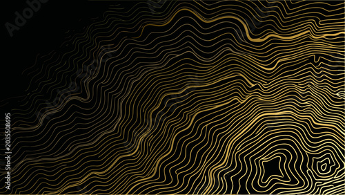 Konstfotografi Golden line pattern resembling an abstract mountain range on a black background
