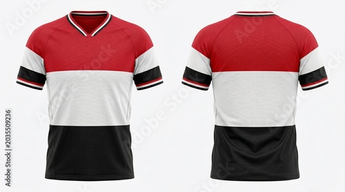Front and back view of a red, white, and black soccer jersey mockup