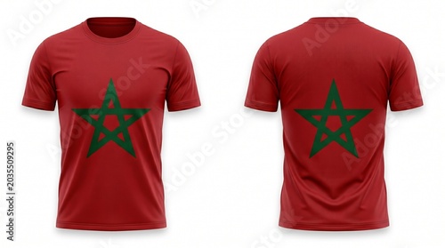 Front and back view of a red tshirt with a green star design