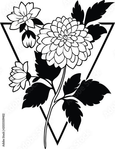 dahlia flower with stem and leaves on white background