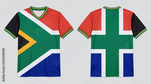 Front and back view of a south african flag design sports jersey