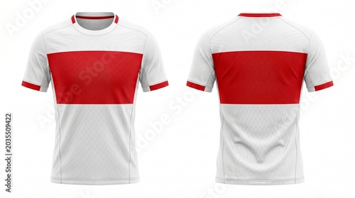 Front and back view of a white tshirt with a red horizontal stripe