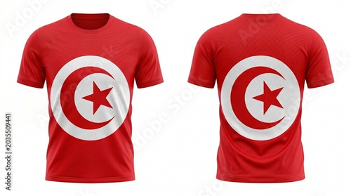 Front and back view of a red tshirt with the tunisian flag design