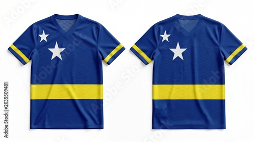 Front and back view of a blue soccer jersey with curacao flag design isolated on white background