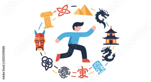 Man running in a circle of cultural symbols from around the world, representing diversity and global connection