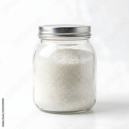 Glass jar filled with granulated sugar on a white background