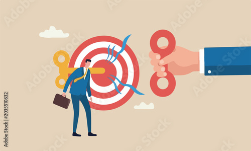 Vászonkép Exhausted employee, big bullseye target wind up to stimulate or motivate fatigue