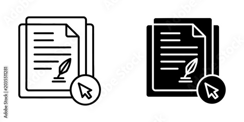Electronic document editing and digital signature icons with quill and cursor