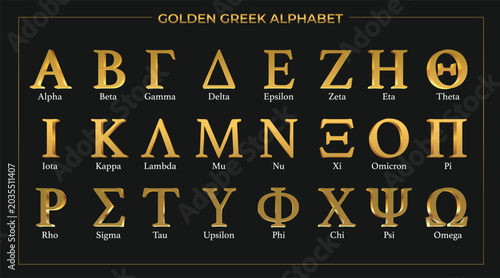 Konstfotografi 3D-style Greek alphabet in volumetric gold (yellow) letters with a realistic effect