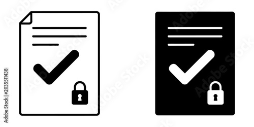 Secure document with check mark and lock icon black and white document