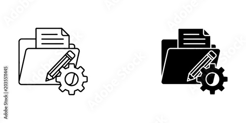 Folder with document pencil gear icons black and white document management