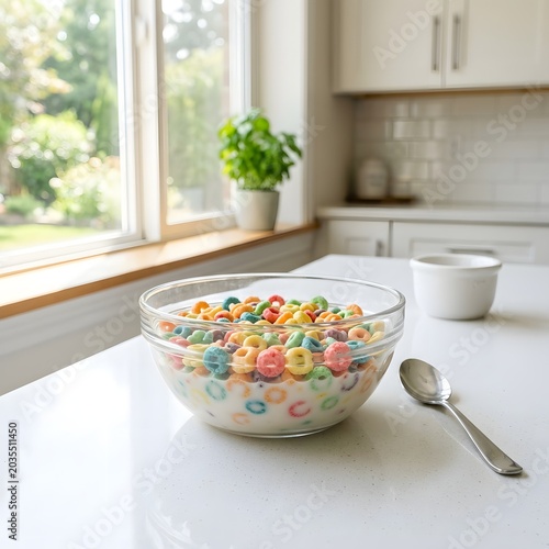 Colorful round cereal in a glass bowl with milk and a spoon on a kitchen counter